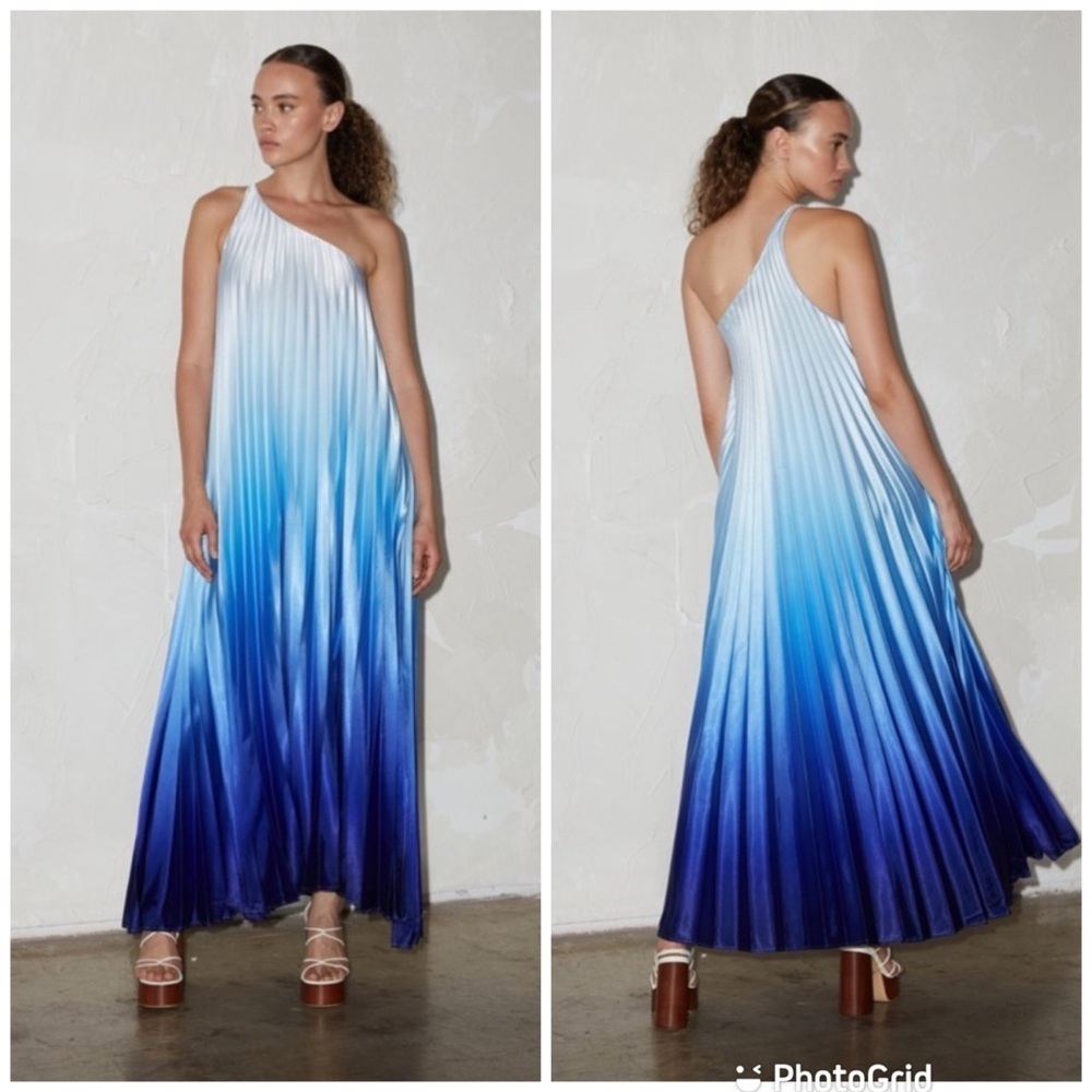 Delfi Collective Erica One Shoulder Pleated Maxi Dress Blue Ombre New with Tags!